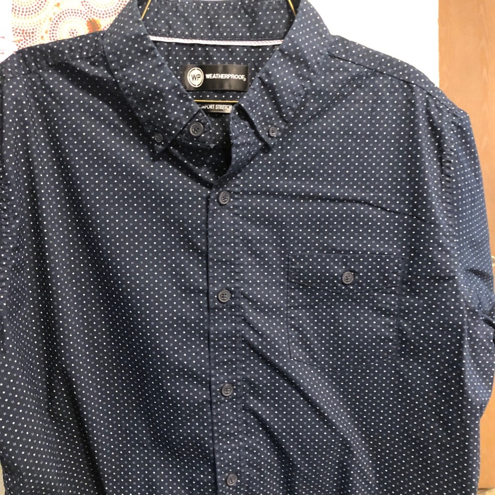 Weatherproof S/S Cotton Blend comfort stretch Navy dot Shirt L